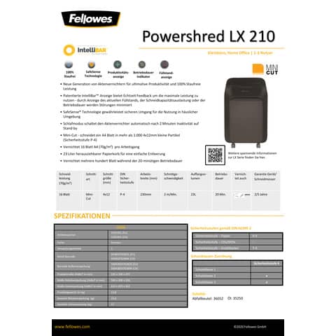 Distruggidocumenti uso moderato Fellowes Powershred LX210 - P-4 - 23 L - nero - taglio a miniframmenti 4x12 mm FW5502501